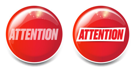 Red attention 3D vector button with white text, notification, warning, alert, important message, web element, glossy graphic design web, application interface, marketing, communication, banner, icon