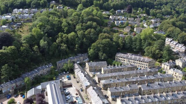aerial view of residential streets in Hebden Bridge showing rows of traditional houses