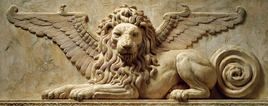 Winged Lion Relief Sculpture, an ancient Assyrian style lamassu carving with intricate details and powerful wings