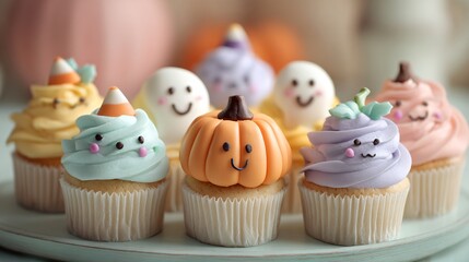 A pastel Halloween cupcakes for kids, decorated with soft palette and friendly faces,