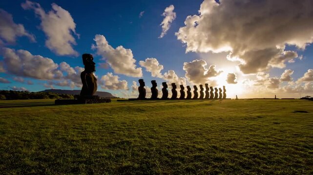 Wide Angle View of the Ahu Tongariki Moai Stone Platform at Dawn on Pacific Island
