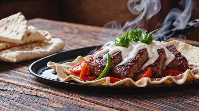 side perspective view of classic Turkish dish known as Iskender kebab served with yogurt sauce, tomatoes, and peppers on metal platter with bread
