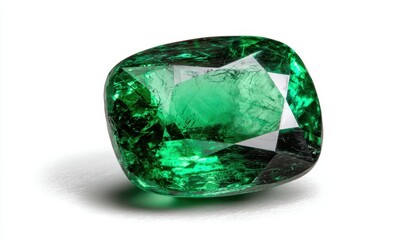 Fototapeta premium Close-up of a vibrant green gemstone with a polished, faceted on white background