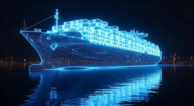 Kapal kargo digital di malam hari berlayar di lautan