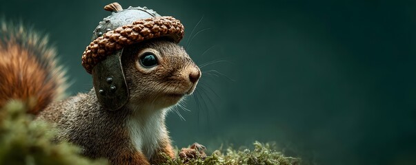 Squirrel with Acorn Helmet, a squirrel wearing a hollowed out acorn as a helmet, looking like a brave knight