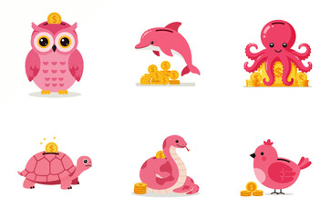 Six pink cartoon animals (owl, dolphin, octopus, turtle, snake, bird) each with gold coins, representing savings or wealth.