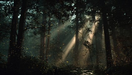 Sunlight streams through a misty redwood forest, filled with fireflies