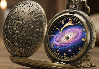 Open antique pocket watch with a galaxy inside and moon and star cover