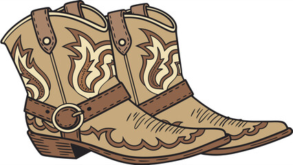 Pair of Decorative Western Boots Brown Leather Cowboy Boots Fashion Illustration Wild West Style Footwear.