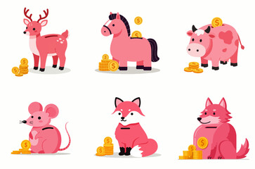 Adorable pink animal piggy banks saving gold coins.