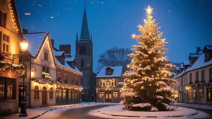 Snowy European town square with Christmas tree and lights