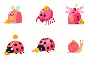 Adorable pink insects and piggy banks saving money.