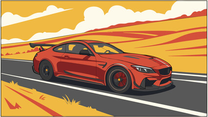 Obraz premium Red Sports Car Driving on a Road with a Yellow Landscape in the Background.