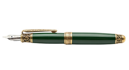 Vintage deep forest green fountain pen with aged brass filigree, horizontally on transparent background with copy space, elegant luxury product concept