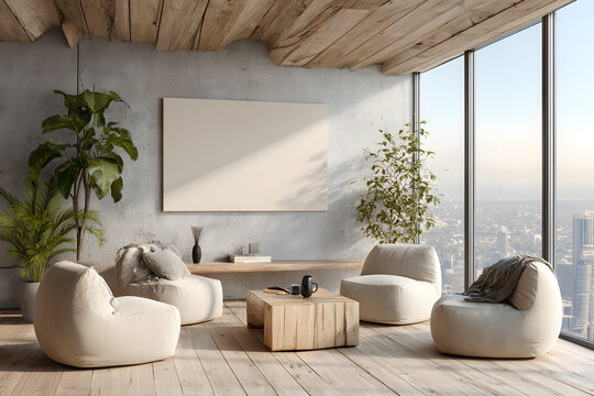 Blank poster mockup on wooden wall in modern office nterior with armchairs, cofee table and large window overlooking cityscape, pefect for design display. 3 Rendering