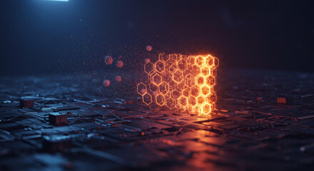 Abstract digital transformation concept visualizing data flow, technology, and innovation, with hexagonal structures