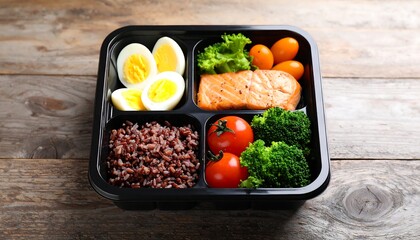Healthy lunchbox meal with salmon, eggs, rice, and vegetables