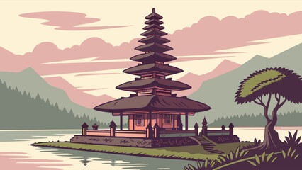 Obraz premium Serene Asian Temple by Water Mountain Landscape Illustration Peaceful Asian Architecture.