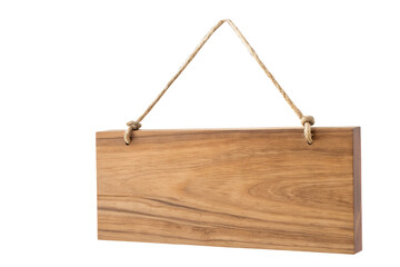 Empty wooden sign crafted from natural timber, suspended by rustic twine, a versatile blank canvas for custom messages, branding, or decorative labeling, isolated
