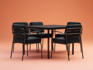 Obraz premium Elegant black dining set with square table and four chairs against a warm peach backdrop perfect for modern interiors and stylish home decor concepts