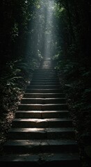 Stone steps ascend into a sunlit forest