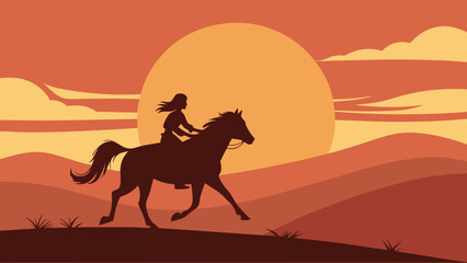 Silhouette of a Person Horseback Riding at Sunset Rural Landscape Equestrian Theme Western Style Illustration.