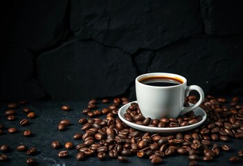 Fototapeta premium Dark stone background, coffee cup, scattered beans, banner format, overhead, drink