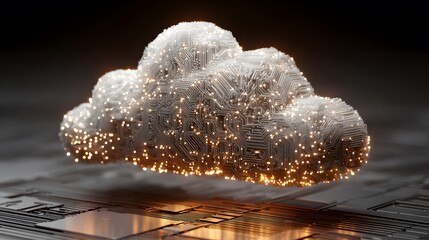 Glowing, intricate digital cloud composed of circuits and data points hovers above a reflective surface with a motherboard pattern, symbolizing advanced cloud computing.