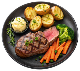 grilled beef steak with baked potatoes