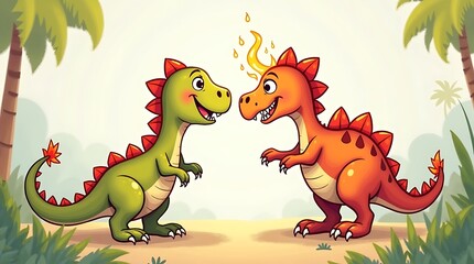 Fototapeta premium A simple sketch of a happy baby dinosaur playing in a fun, prehistoric jungle
