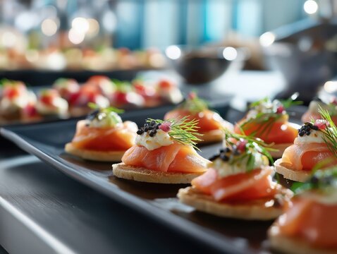 Elegant salmon canapés with creamy topping and caviar for upscale catering or gourmet events, beautifully presented for holiday parties or corporate receptions
