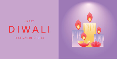 Happy Diwali Festival of Lights banner with glowing candles, oil lamp, lotus flower on purple background. Minimal festive Indian holiday design. Vector illustration for greeting card, poster, banner