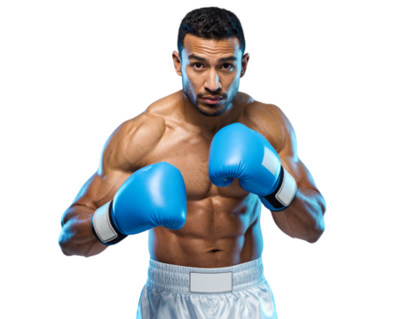  Focused male fighter in protective boxing pose with blue gloves isolated on transparent background - Powered by Adobe