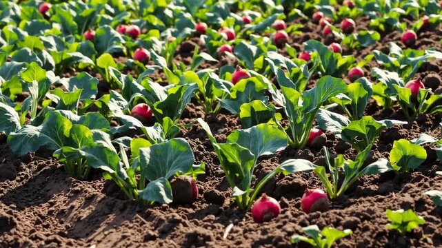 red vegetable grows in the field. Growing turnips in the garden. Agriculture and turnip cultivation.