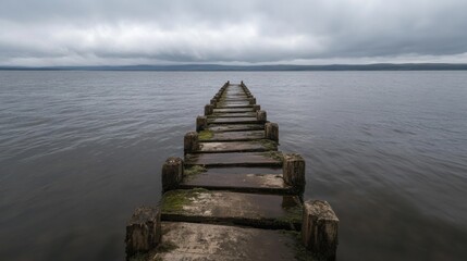 Lonely pier extending into tranquil lake under cloudy skies
