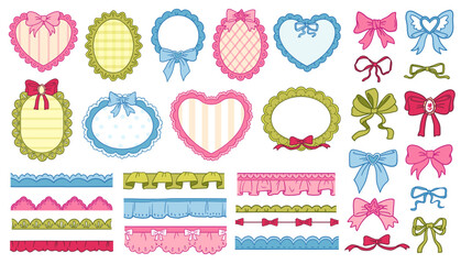 Hand drawn baby shower frames and borders. Vintage scallop trim for wedding or birthday cards decoration, whimsical coquette vector design set