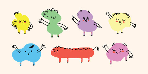 Fototapeta premium Funny cartoon characters in abstract animal and creature shapes. Bright colorful figures with different poses and emotions. Vector flat isolated illustration for kids designs