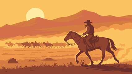 Sunset Cowboy Riding Horse Herd Across Plains.