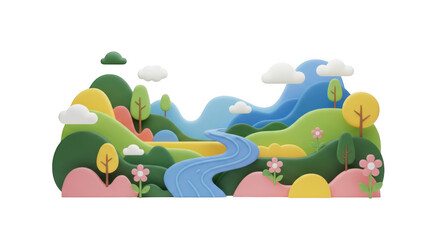 Whimsical Cartoon Landscape: A 3D Rendered Scene of Rolling Hills and River