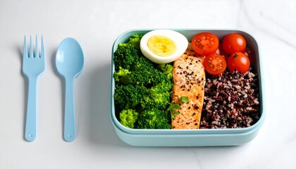 Healthy lunchbox with salmon, rice, and vegetables