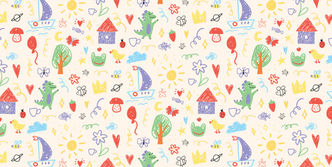 Obraz premium Seamless pattern with doodle Dinosaur, Boat, Frog and Mushroom, hearts, stars and other playful elements. Bright hand drawn vector illustration for kids design.