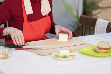 Elderly woman preparing fruit salad at home in the living room