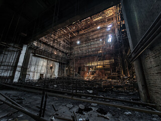 inside a building burned down and destroyed during the war in a city in Ukraine