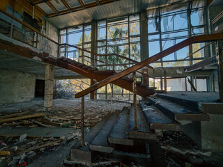 inside a building burned down and destroyed during the war in a city in Ukraine