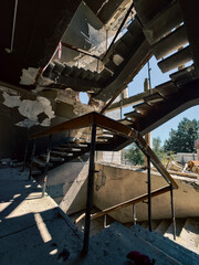 inside a building burned down and destroyed during the war in a city in Ukraine