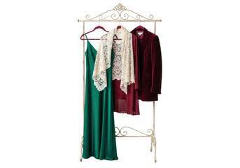 Ornate cream wrought iron rack with an emerald green silk maxi dress, deep burgundy velvet blazer, and delicate ivory lace shawl, transparent studio, luxury fashion still life concept