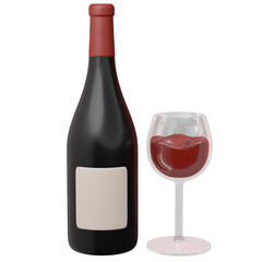 3D Illustration bottle of red wine with a blank label beside a filled wine glass, isolated on white background for product display or design.