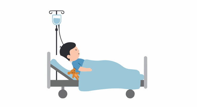 Sick boy lying in hospital bed with IV and stuffed animal  