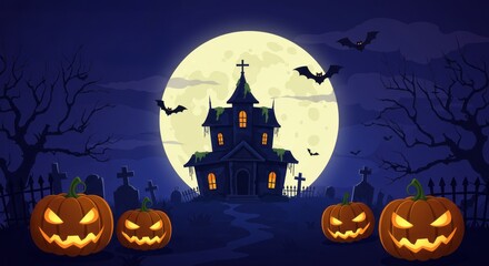Spooky Halloween Night with Haunted House and Pumpkins