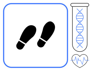 Black footprints, DNA helix in test tube, and heartbeat line. Ideal for wellness, genetics, health tracking, lifestyle, fitness healthcare and medical advancement. Simple flat metaphor